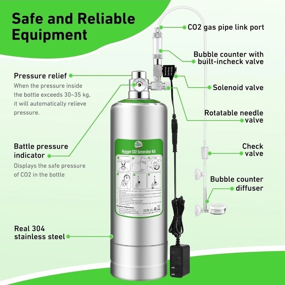 2L Aquarium CO2 Generator System, CO2 System Kit with Regulator and Needle Valve