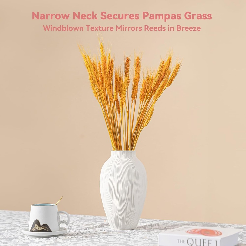 Windblown Texture Vase - White Matte Ceramic with Dynamic Lines, 9.2" Unique Flo