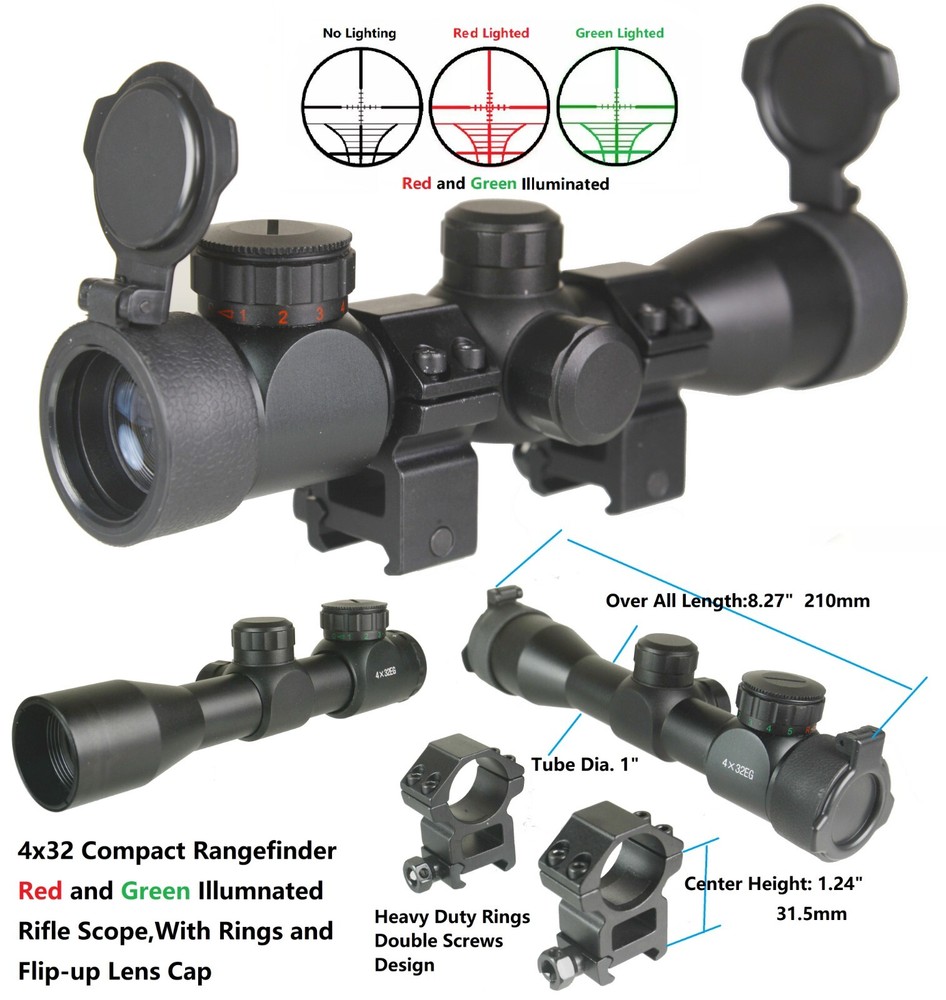 4x32 Compact Scope Red Green Illuminated Rangefinder With Ring/Lens Cap/Battery