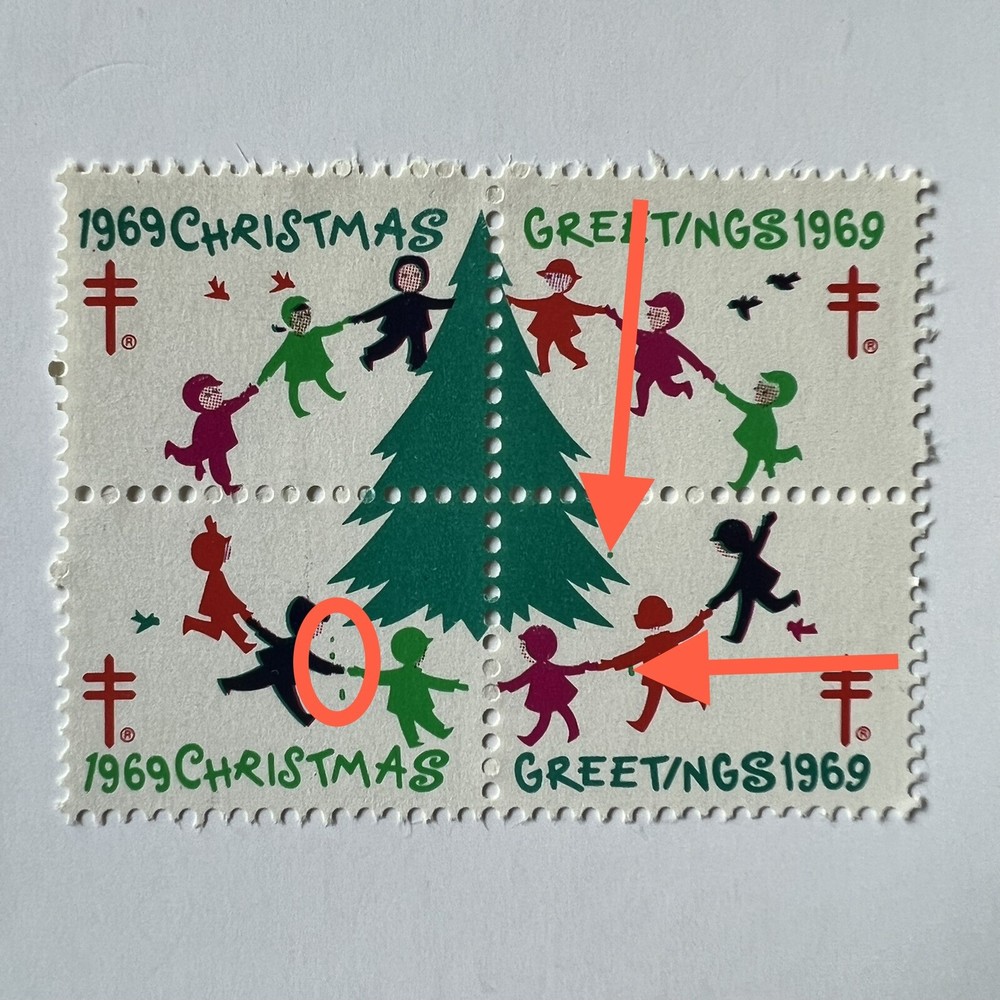 ERROR 1969 CHRISTMAS SEAL BLOCK WITH SEVERAL EXTRA SPOTS MNH