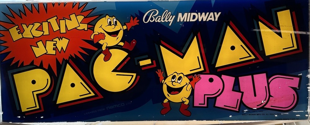 Original Bally/Midway “PAC-MAN PLUS” MARQUEE HEADER OVERLAY