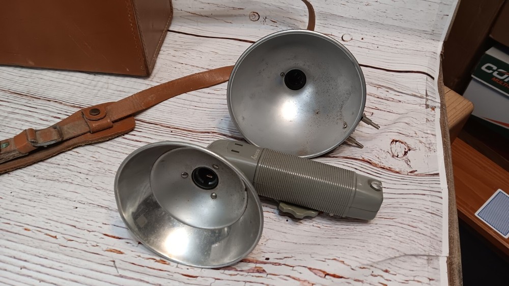 Vintage Brown Leather Polaroid Camera Case with assorted Flash Devices