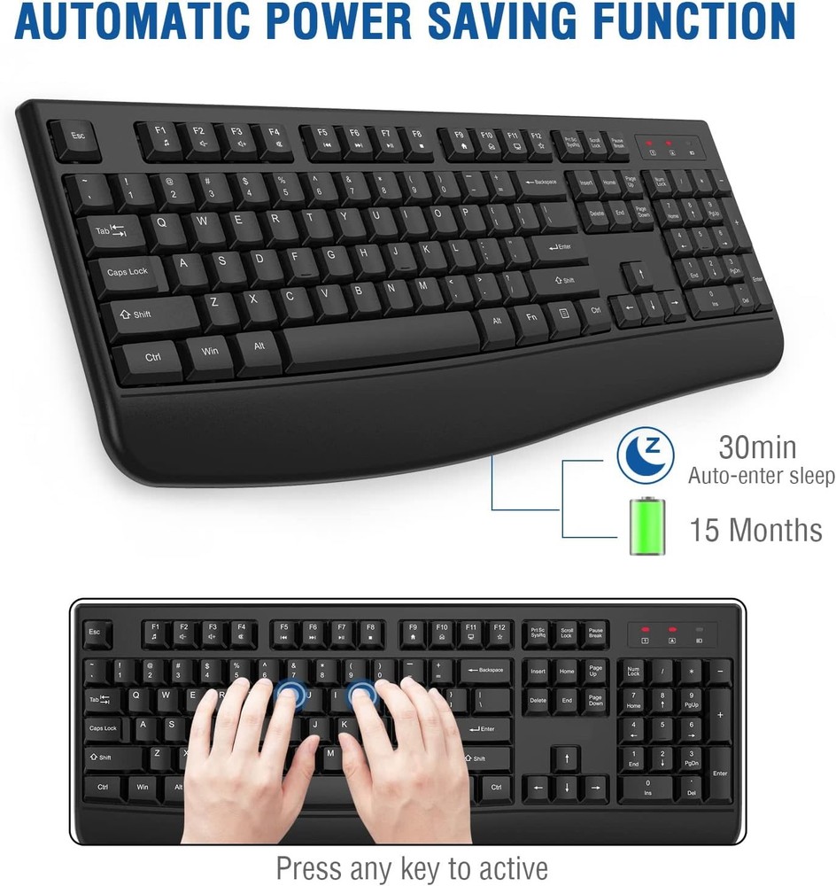 EDJO Wireless Keyboard, 2.4G Ergonomic Full Size Computer black