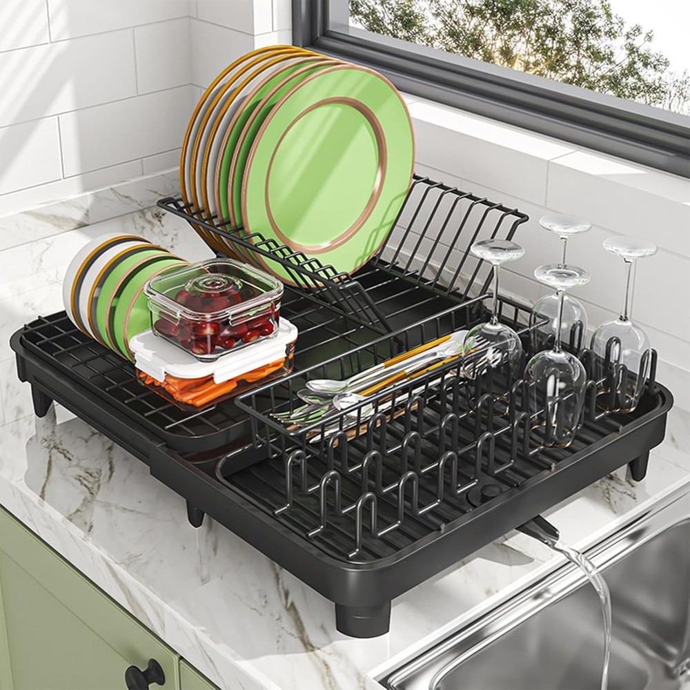 Dish Drying Rack Large-Capacity Dish Drainer W/ Cutlery Holder Rotatable Water