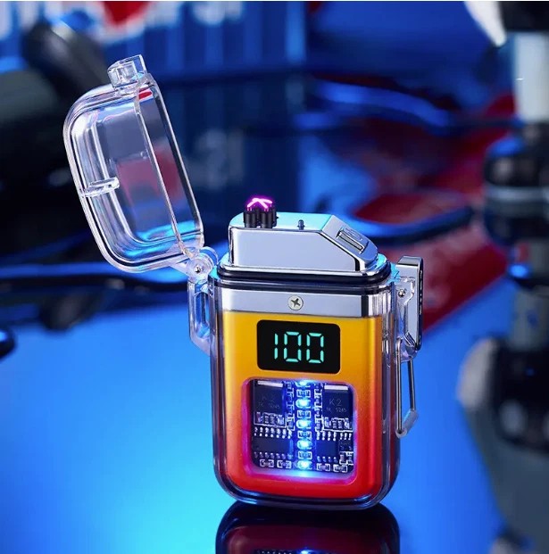 1X Transparent shell waterproof rechargeable pulse lighter with digital display