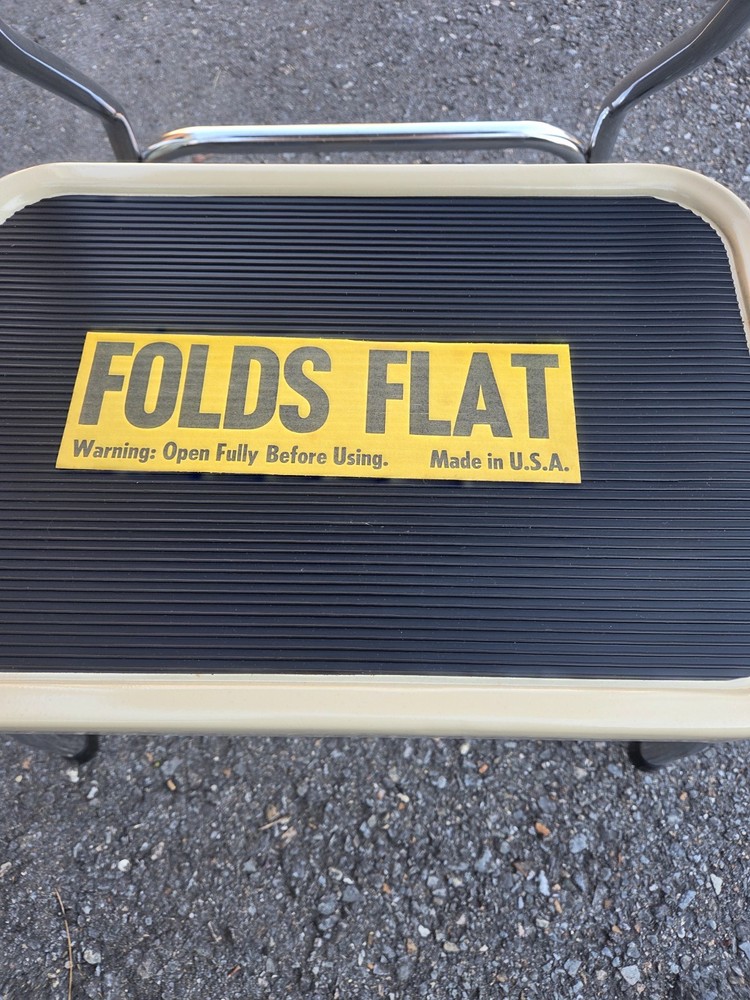 Vintage 1960s Folding Two Step Stool Chrome & Beige