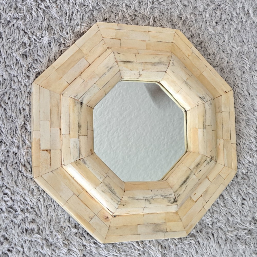 13" Vintage Octagonal Bone Inlay Wall Hanging Mirror