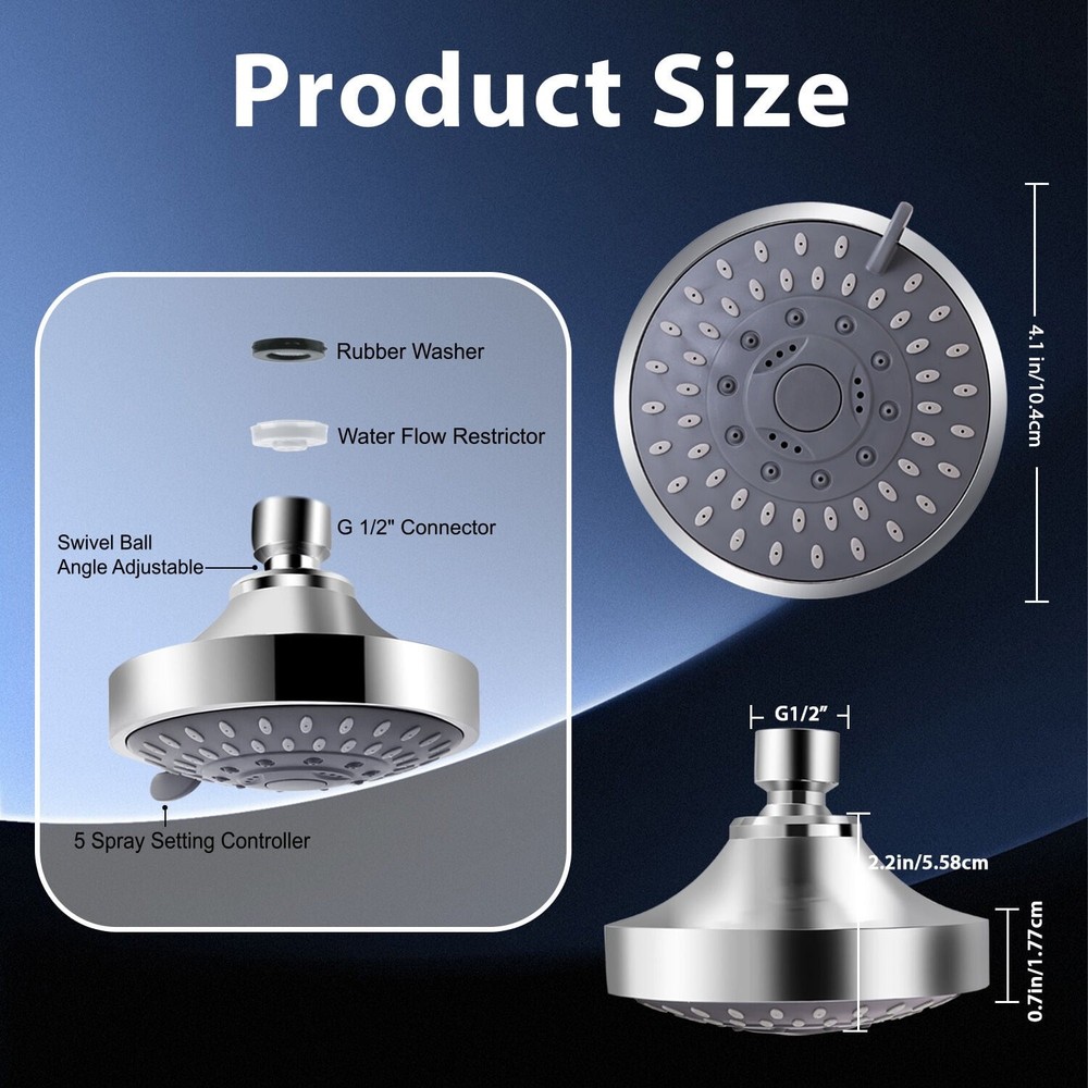 High Pressure Shower Head, Fixed Showerhead Rainfall with 5-Setting Adjustable