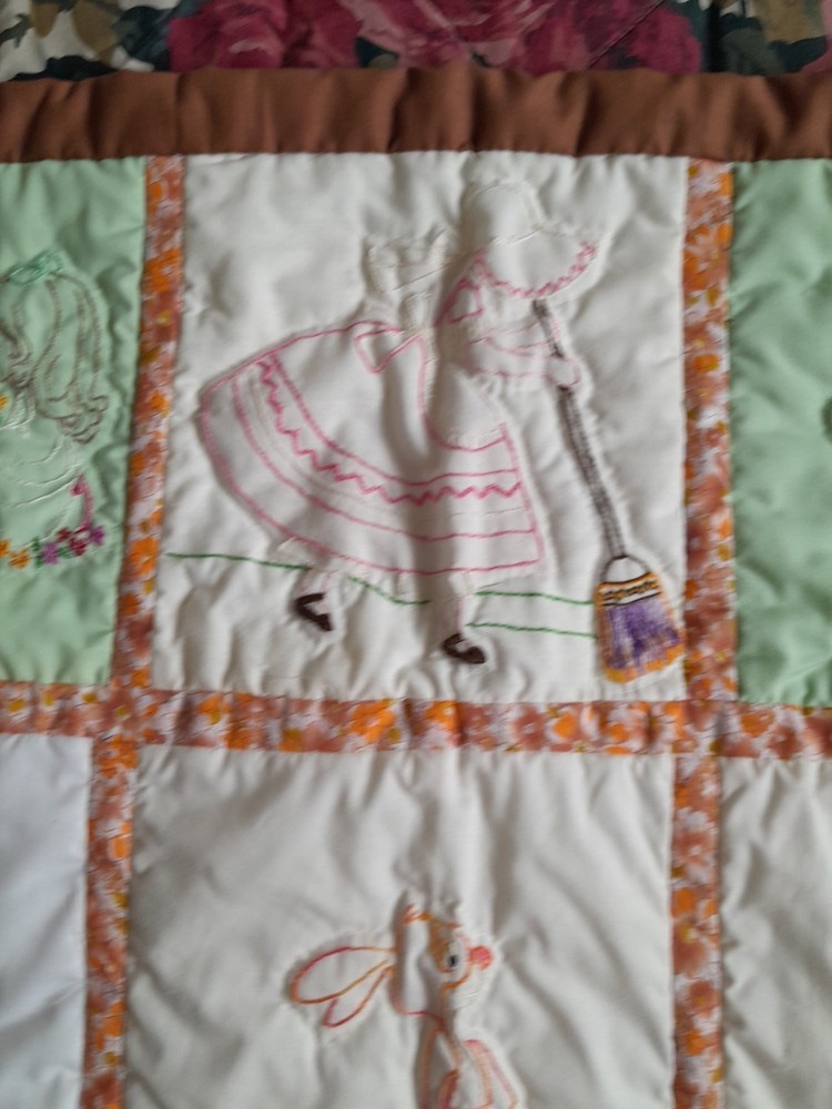 Vintage Handmade Embroidered Patchwork Crib Cot Pram Cover