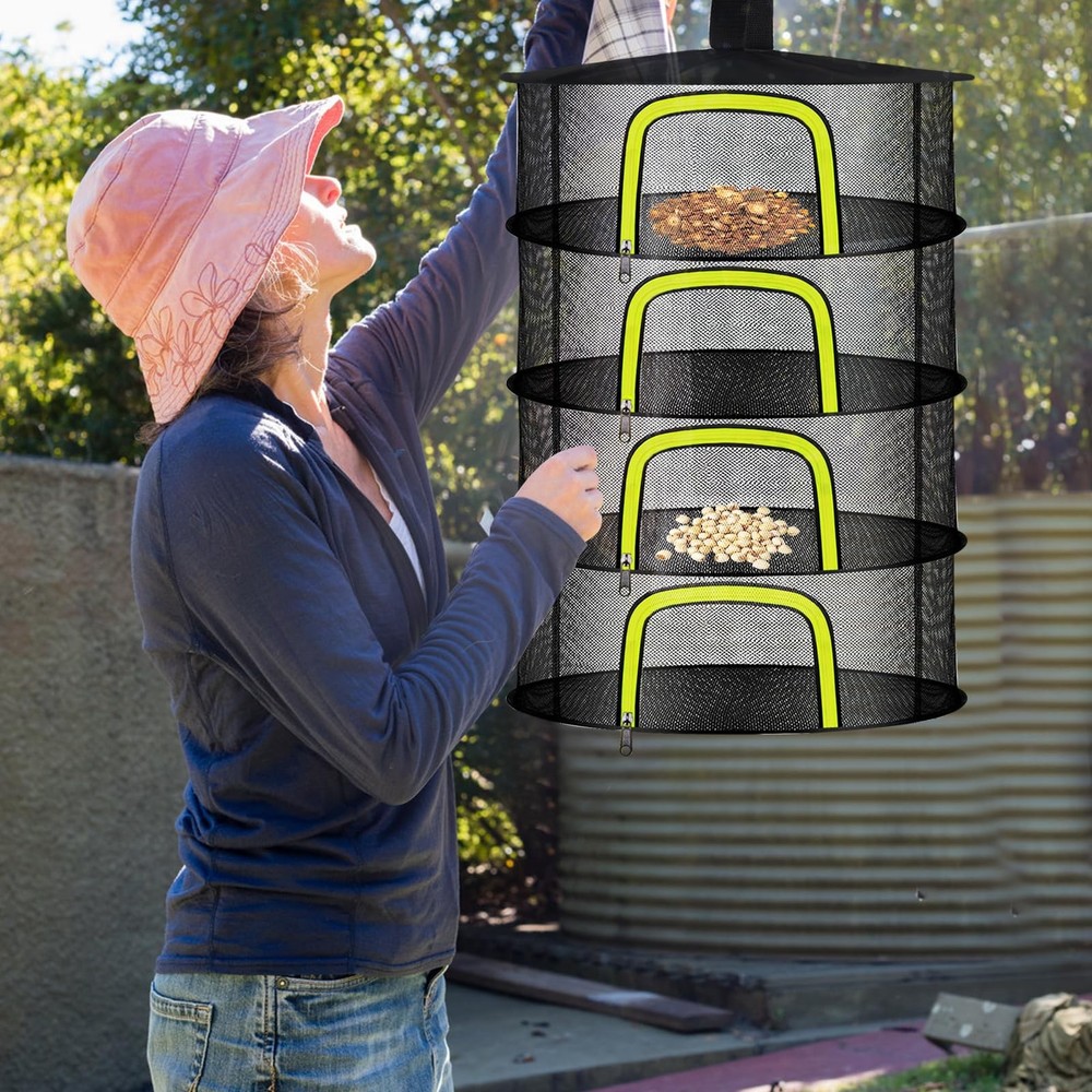 4 Layer Herb Drying Rack, Hanging Mesh Net, Foldable Plant Drying Rack With U...