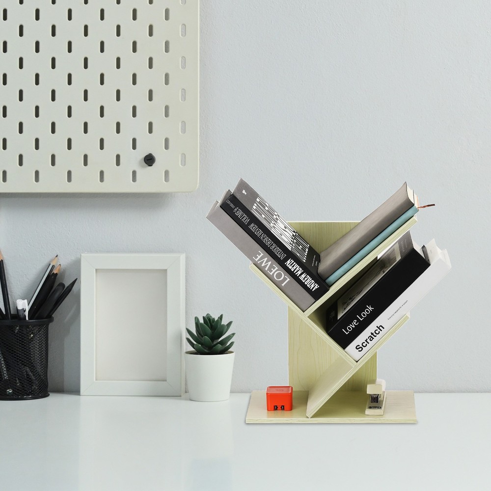 3 Tier Small Tree Bookshelf, Mini Short Desktop Bookshelf, White Maple