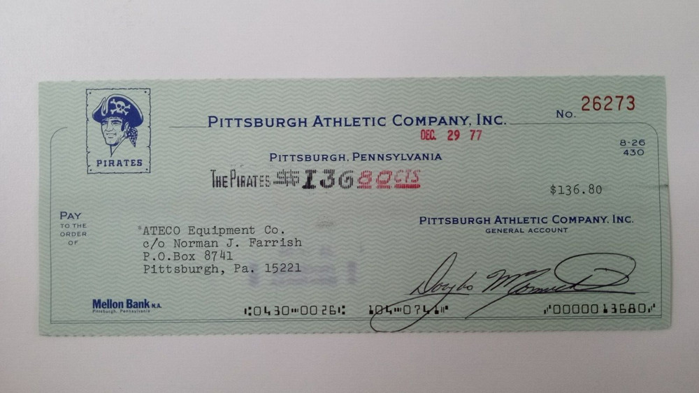 ATECO Equipment Co.: 1978 Pittsburgh Pirates Expense Check