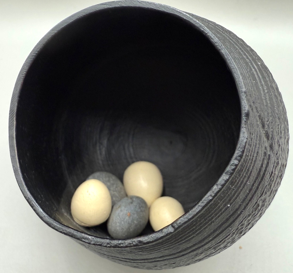 ESTATE ABSTRACT ART POT PLASTIC OR NUT SHELL EGGS SIGNED STUDIO 2001 UNIQUE