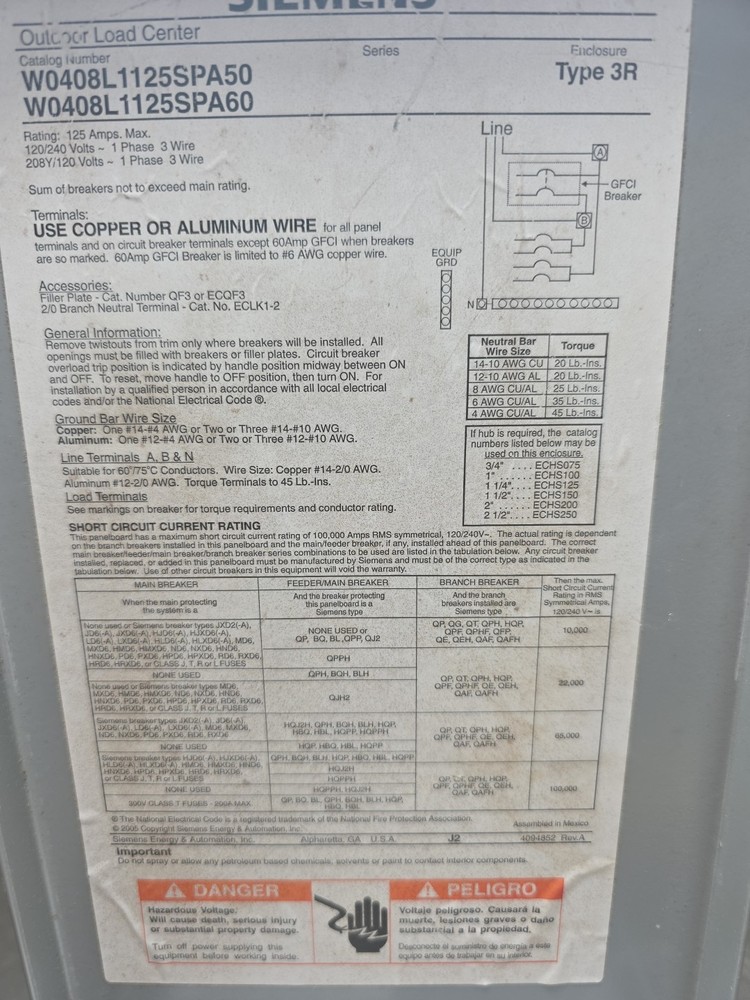 Seamens Outdoor Load Center With Breakers 8 Circuits Installed