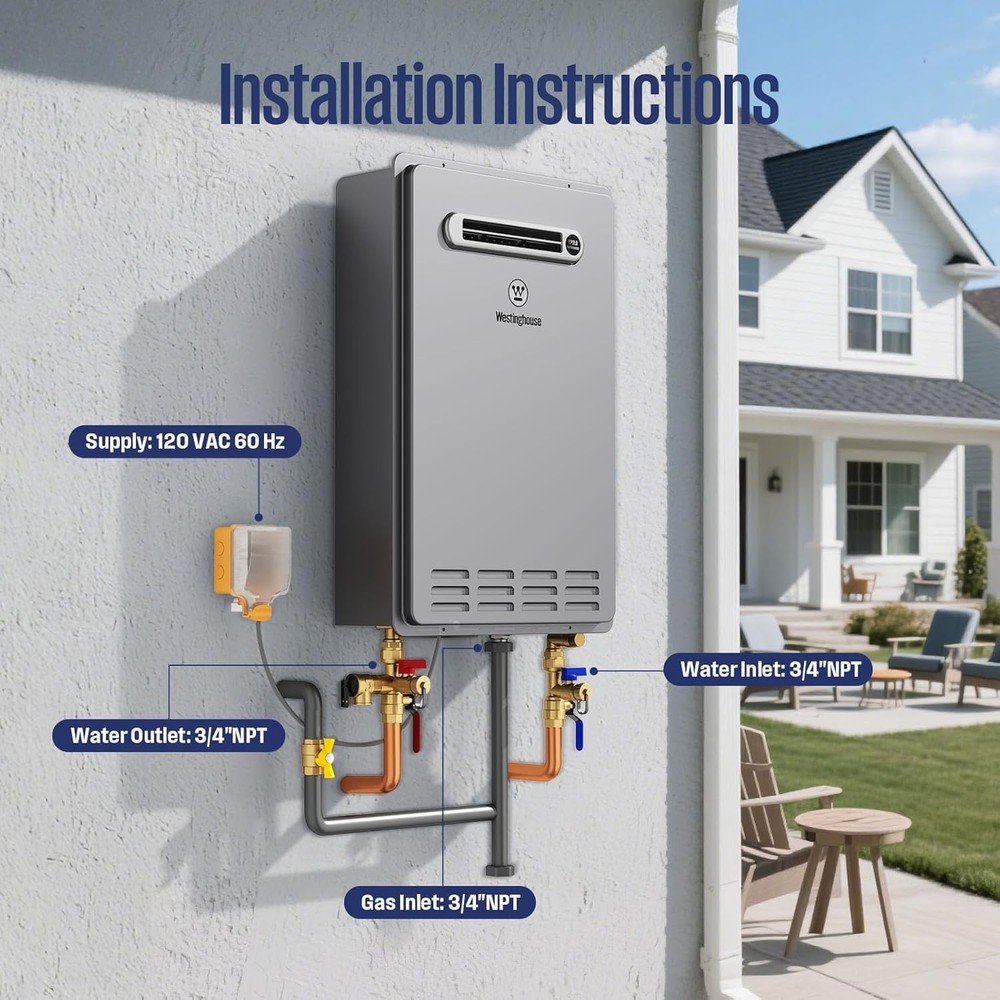 Westinghouse Propane Gas Tankless Water Heater 180,000 BTU Outdoor Installation