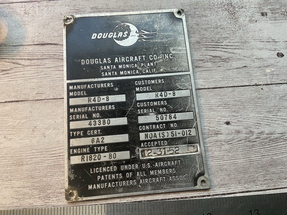 ORIGINAL KOREAN WAR DOUGLAS R4D-8 AIRCRAFT DATA SPEC NAME PLATE