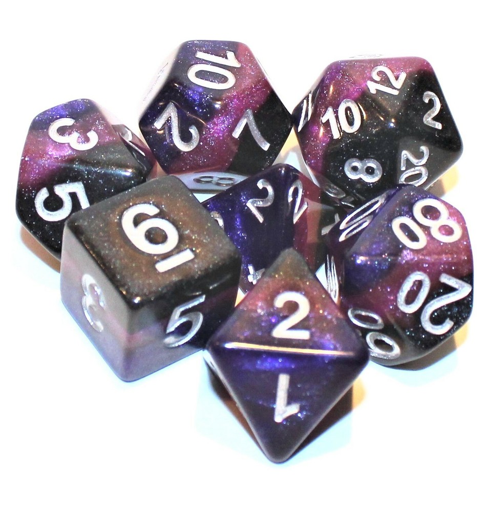 7 Piece Midnight Galaxy Polyhedral Dice Set w/ Navy Dice Bag - RPG D&D