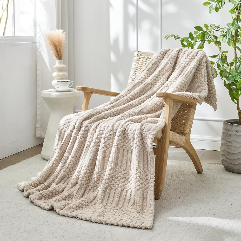 Throw Blanket for Couch-Beige Boho Throw Blanket, Tan Soft Fleece Plush Light...