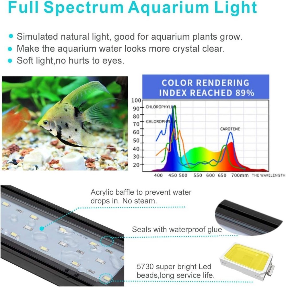 Aquarium Light 9W Full Spectrum Metal Shell Extendable Brackets LED for Fish ...
