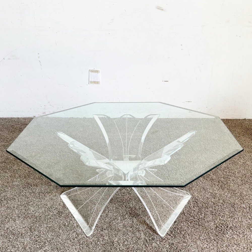 Postmodern Octagonal Beveled Glass Top Lucite Coffee Table