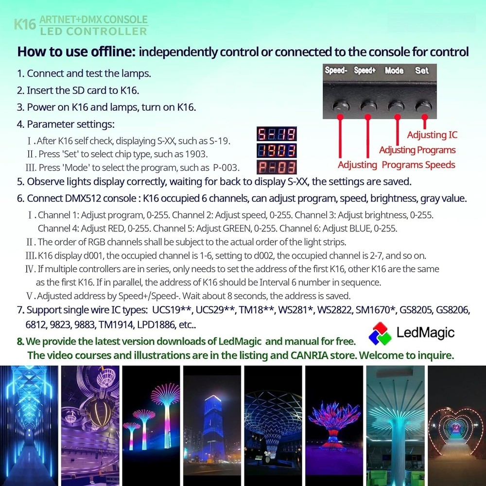 K16 Artnet Programmable Pixel LED Controller for DMX512 WS2811 RGB LED Strip