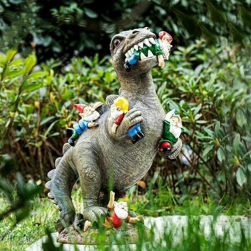 DINOSAUR EATING GNOMES STATUE - 2 Sizes - Hand Painted