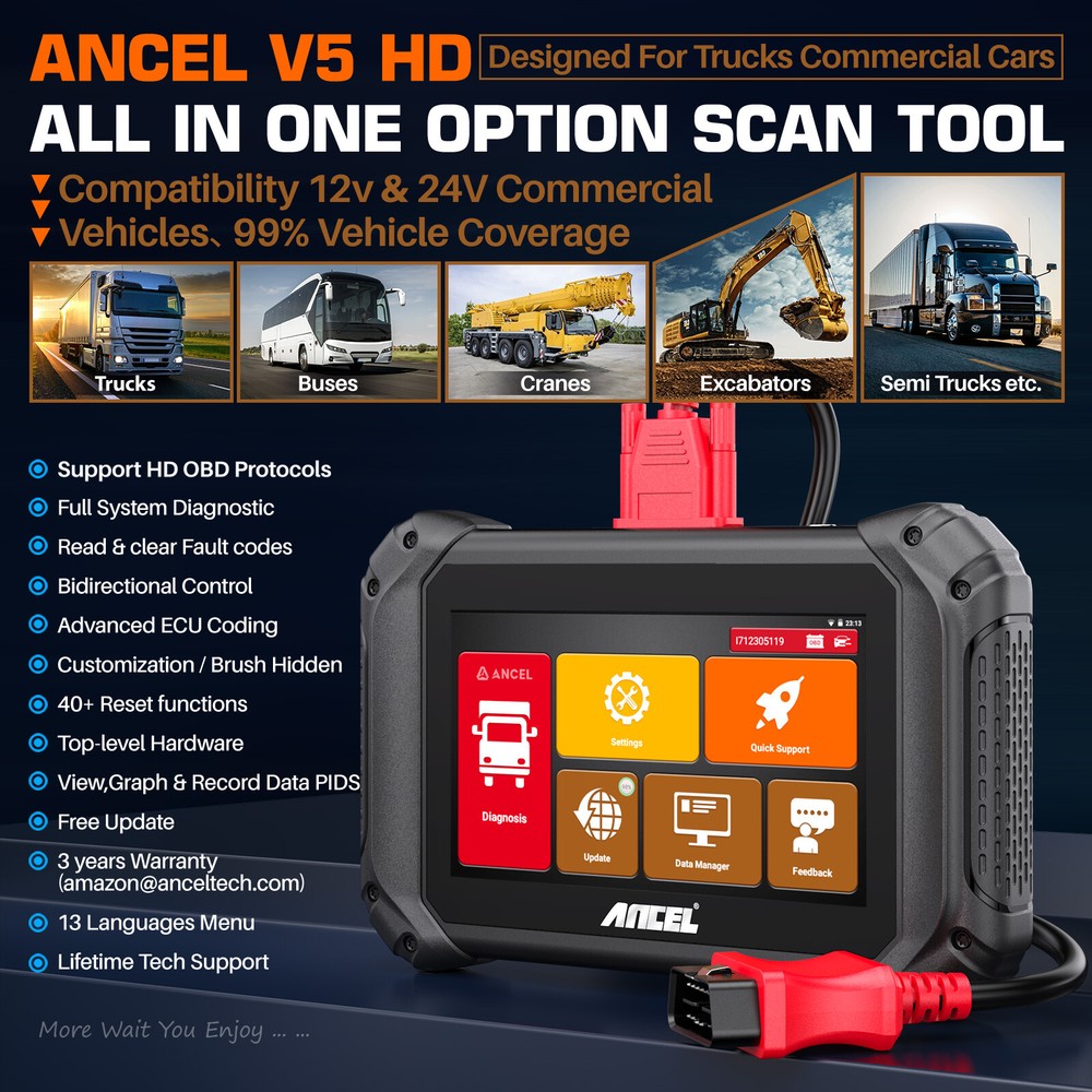 ANCEL V5 HD Heavy Duty Truck Diagnostic Tools Full System ECU Coding Diagnosis