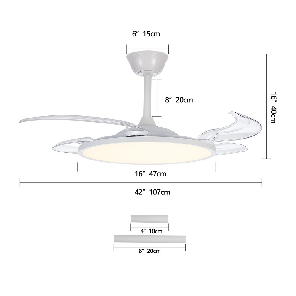 42" LED Ceiling Fan Light Kit Retractable Blade 3CCT Dimmable Fixture w Remote