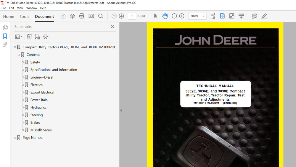 John Deere 3032E 3036E 3038E Compact Utility Tractor Technical & OP Manual USB