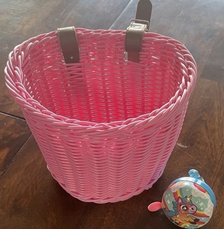 Pink Plastic Bicycle Basket with Adjustable Fitting & Unicorn Bicycle Bell Set