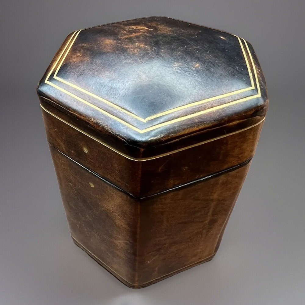 VINTAGE Italian Brown Octagonal Canister Shaped Leather Box