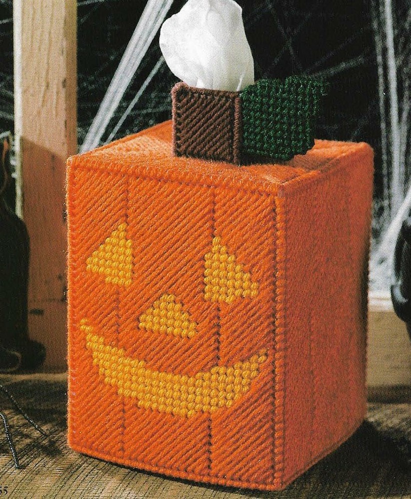 JACK O LANTERN TISSUE BOX COVER HALLOWEEN PLASTIC CANVAS PATTERN INSTRUCTIONS