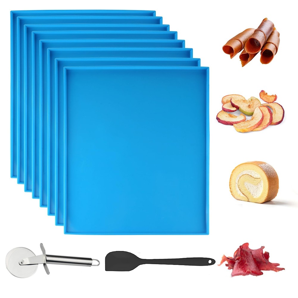 8PCS Silicone Dehydrator Trays with Edge Fruit Leather 12 x 10 Blue