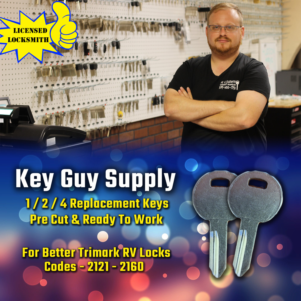 2121-2160 KEY,  New keys for Trimark RV locks. Cut to code, Licensed Locksmith.