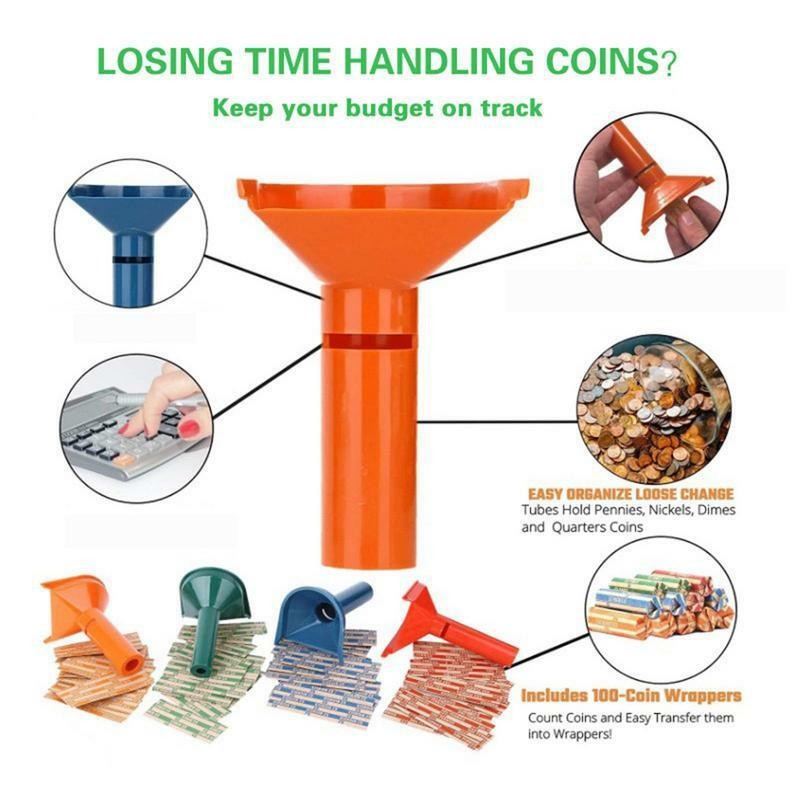 4Pc Coin Counters & Coin Sorters Tubes Bundle of 4 Color-Coded Assorted Wrappers