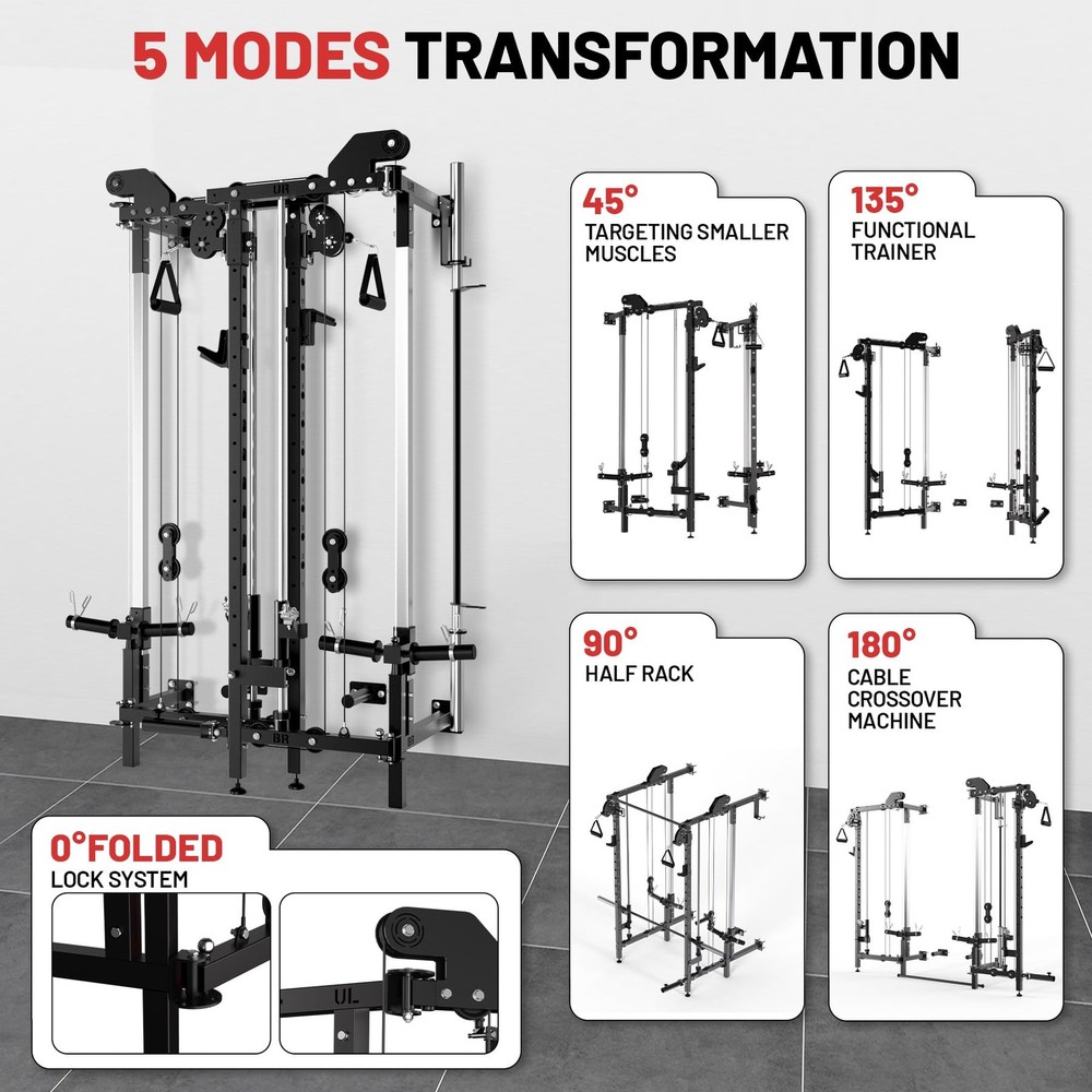 Garvee Folding Squat Rack Wall Mounted Power Rack W/ Pulley System & Pull Up Bar