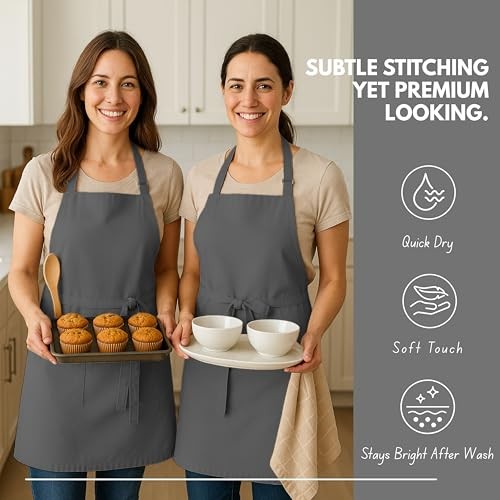 Kitchen Apron 2 Pack - 100% Cotton Adjustable, Durable Apron with Grey