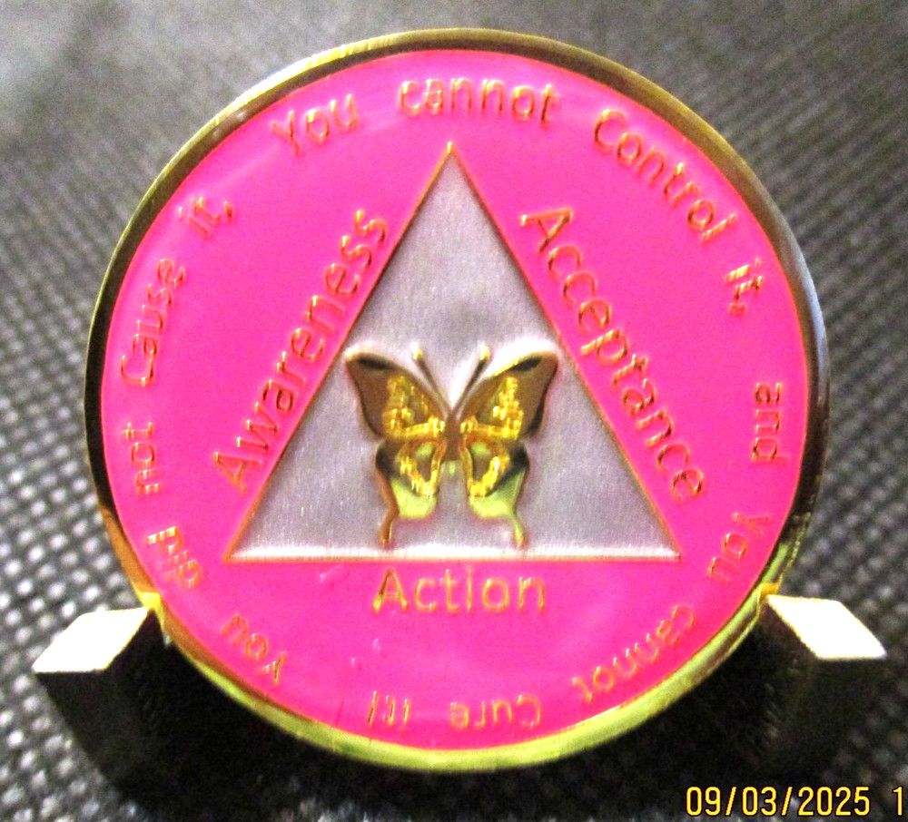 Coin Pink Butterfly Into Action Tri-plate 12 Step Programs