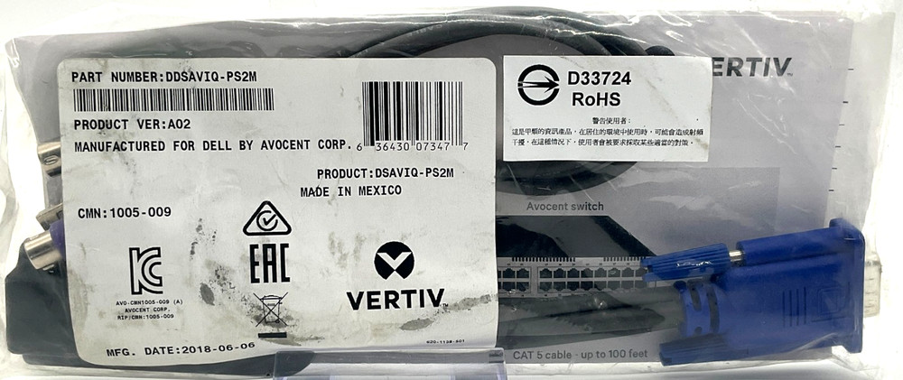 Vertiv Avocent KVM Extender Media Server Interface Module Cable DDSAVIQ-PS2M