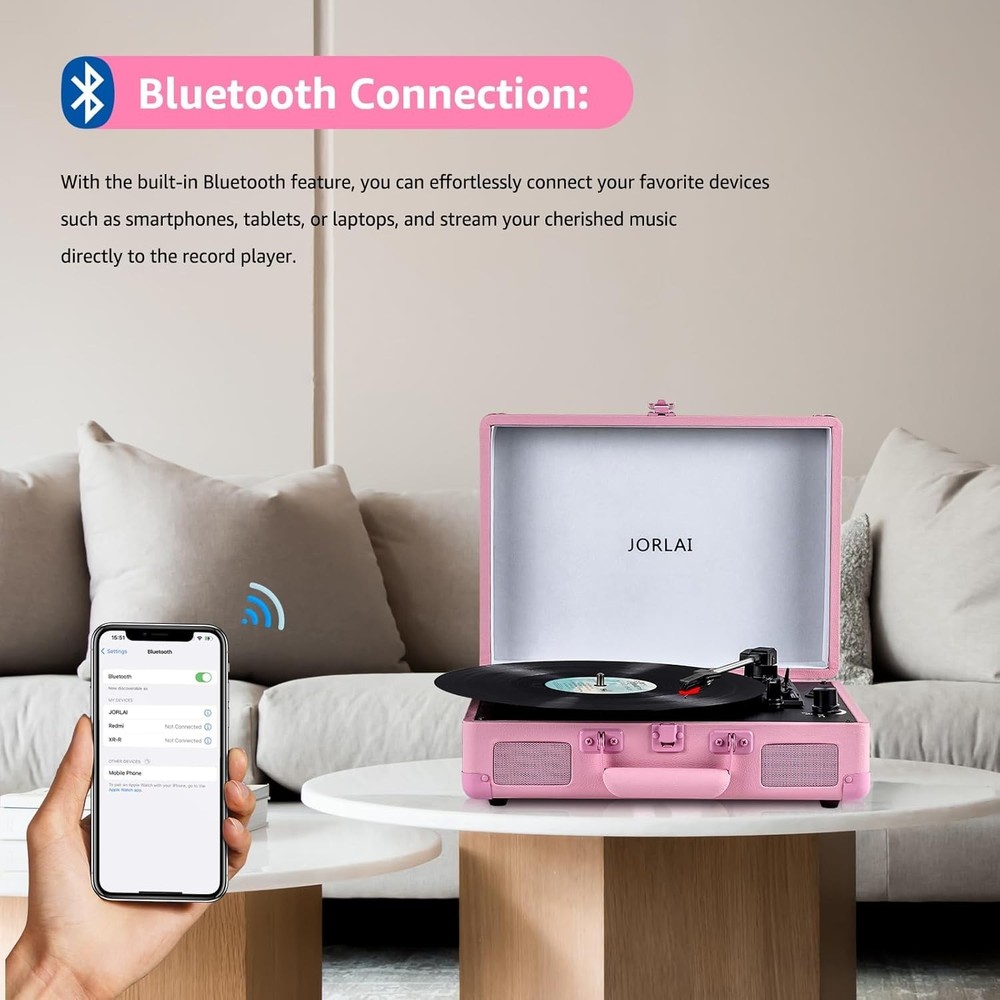Rechargeable Battery Vintage Suitcase Record Player with Bluetooth Connectivity