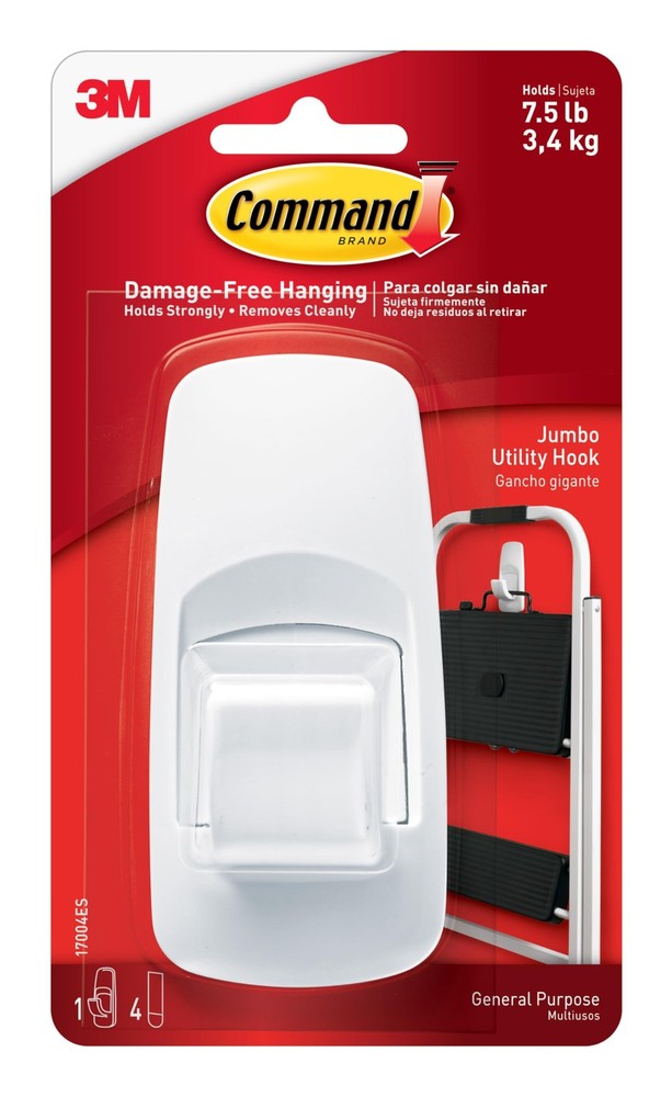 Jumbo Utility Hook, 7.5 lb Capacity, 1 Wall Hook & 4 Strips | Damage-Free
