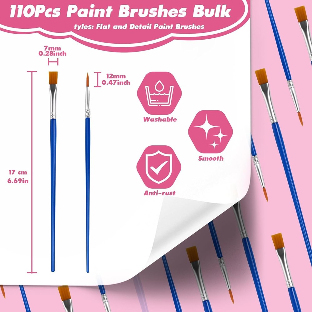Small Paint Brushes Bulk, 110 Pcs Flat Tip Round Acrylic Small, Blue