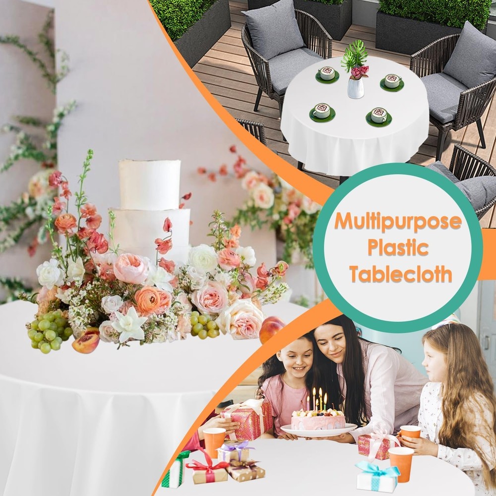 White 12 Pack Plastic Tablecloths 84" Disposable Round Table Cloth Plastic Ta...