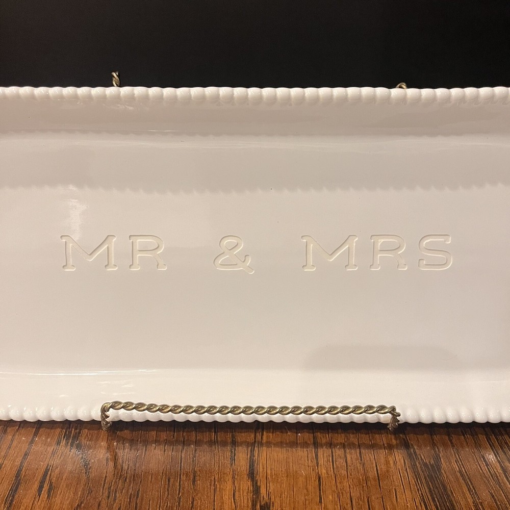 Mud Pie MR & MRS Beaded Oblong Platter Plate, White - New