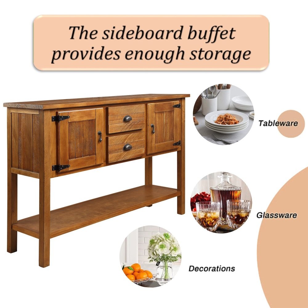 46" Solid Wood Sideboard, 2 Drawers & Cabinets with Bottom Shelf