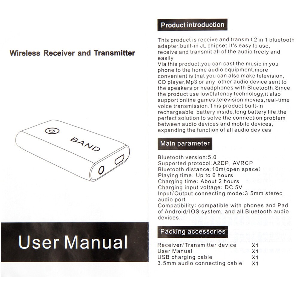 Bluetooth 5.0 Transmitter Receiver 2 IN 1 Wireless Audio 3.5mm Jack Aux Adapter