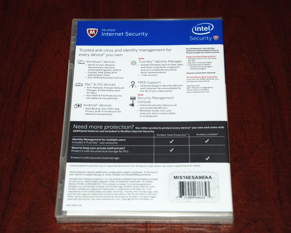 McAfee Internet Security 2016 for Windows, Mac & iOS, Android Devices SEALED