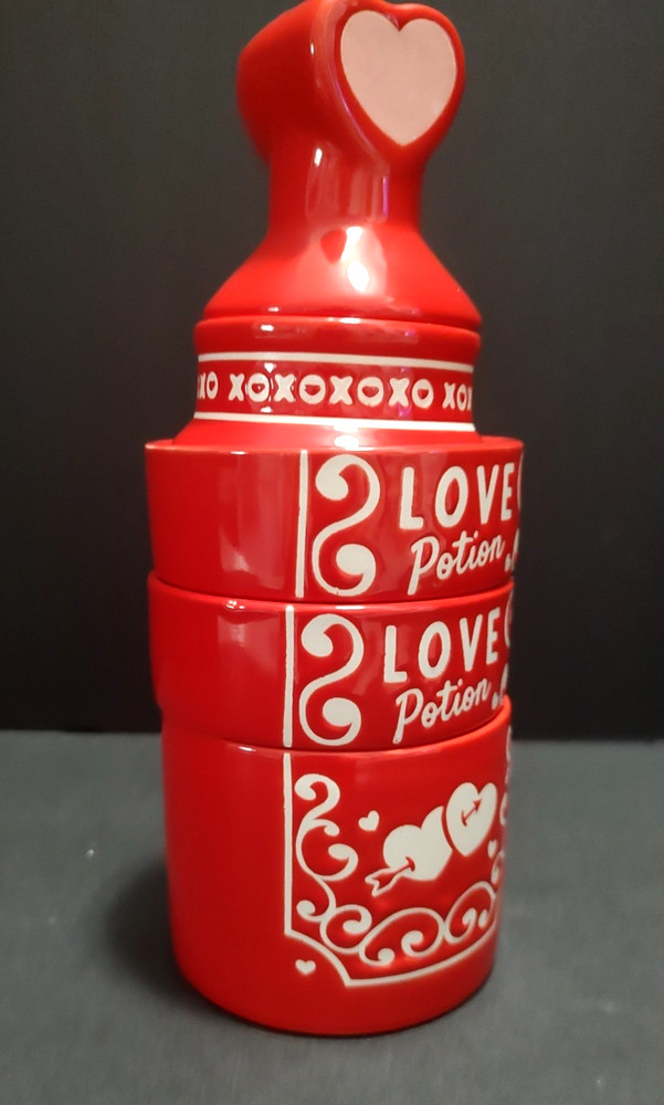 Red Ceramic Love Potion Bottle Shaped Stacking Measuring Cup Set 9" Tall