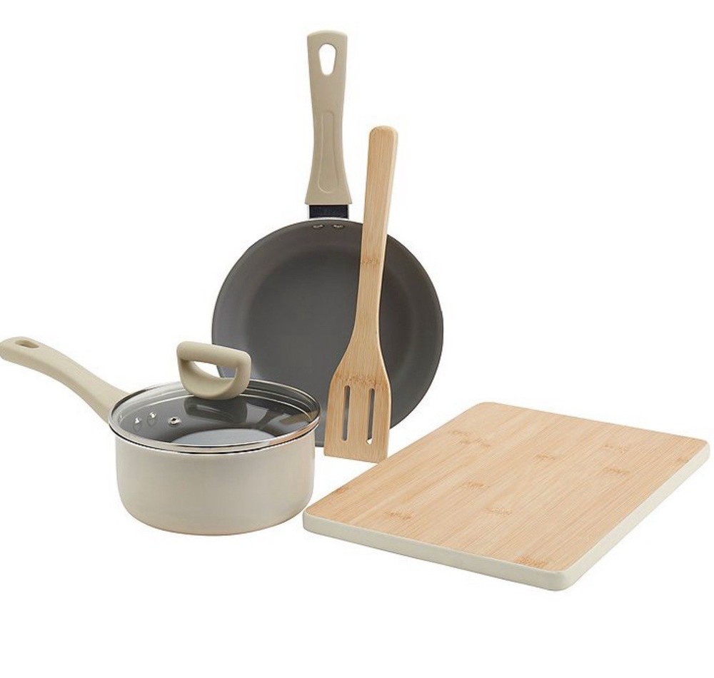 Basic Essentials 5 Pc. Non-Stick Aluminum Cookware Set Cool Touch Handles Cream