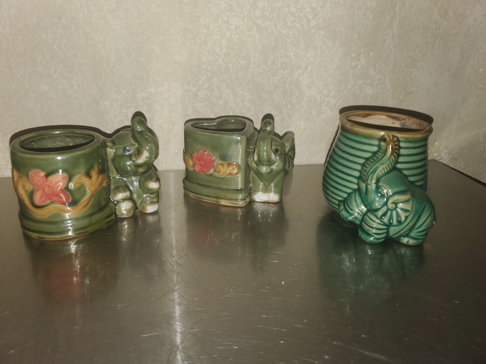 THREE Vintage Green Elephant Decorative Floral Tabletop Pottery Planters